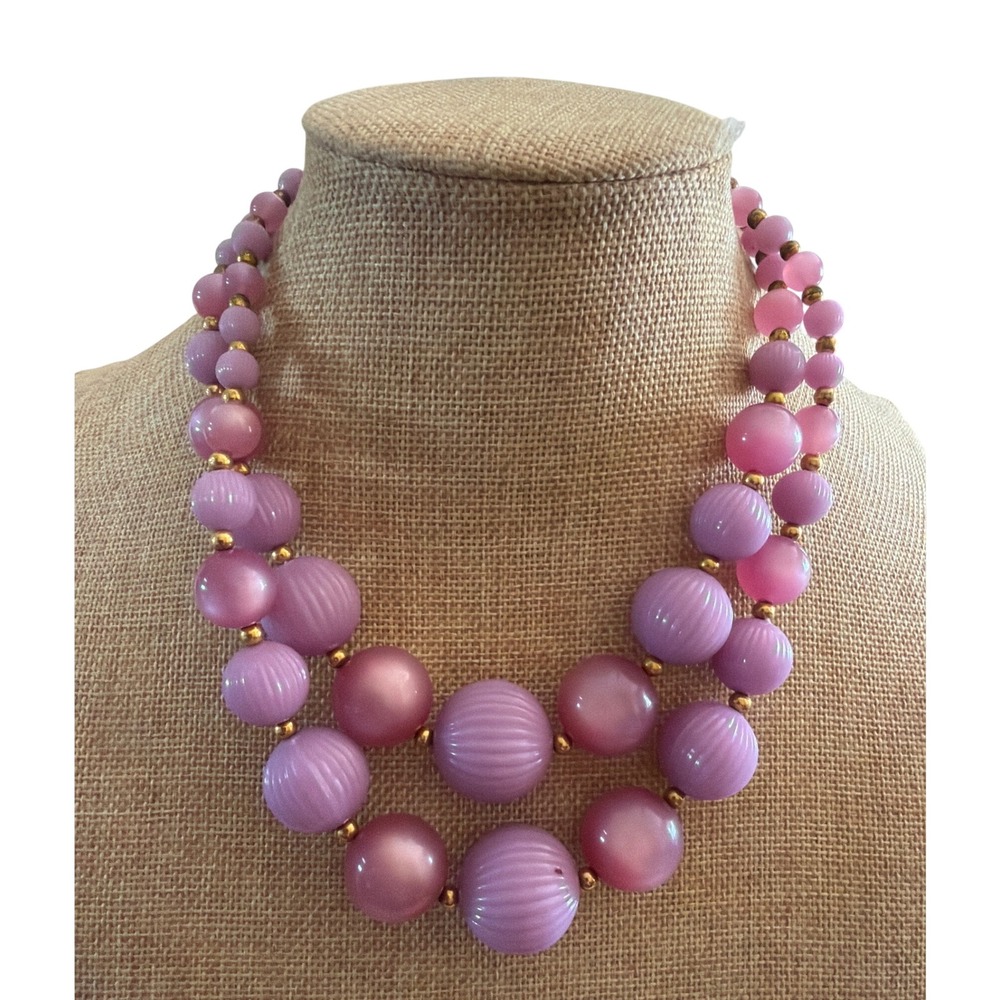 Vintage Mid Century Pink Lavender Moonglow Ribbed Lucite Double Strand Necklace